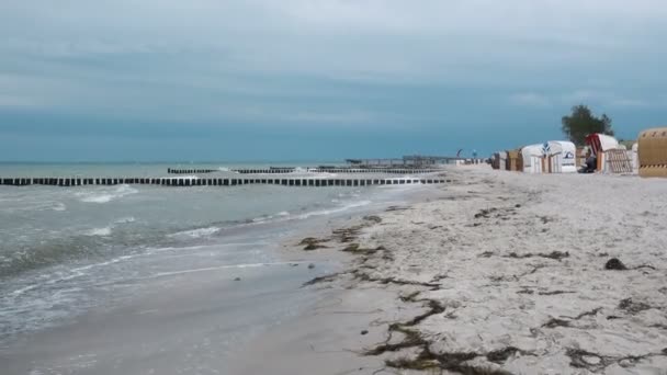 Wideo Drewnianym Falochronem Przy Wietrznej Pochmurnej Pogodzie Bałtyku Północnych Niemczech — Wideo stockowe