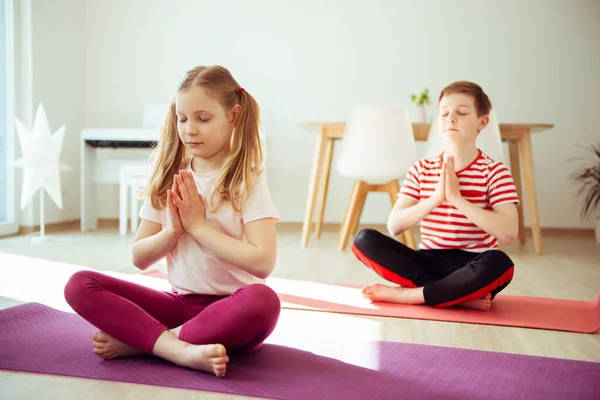 Glada Syskon Tonåringar Som Gör Yoga Hemma — Stockfoto