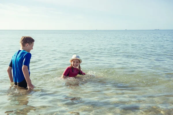 Two Happy Siblings Children Neoprene Swimingsuit Playing Baltic Sea — Stock Photo, Image