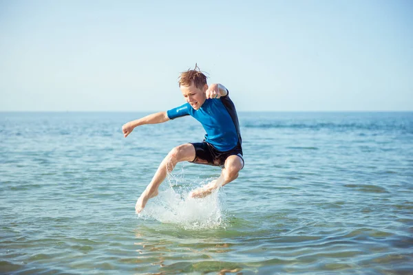 Portrait Handsome Teen Boy Running Neoprene Swimsuit Baltic Sea — Stock Photo, Image
