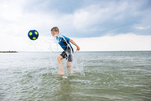 Happy Handsome Teen Boy Running Playing Ball Neoprene Swimsuit Baltic — Stock Photo, Image