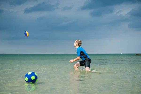 Happy Handsome Teen Boy Running Playing Ball Neoprene Swimsuit Baltic — Stock Photo, Image
