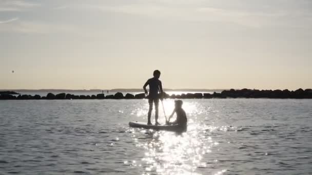 二つの幸せな兄弟ティーン子供でネオプレンスーツ遊びと楽しみとパドルアップボードでバルト海 — ストック動画