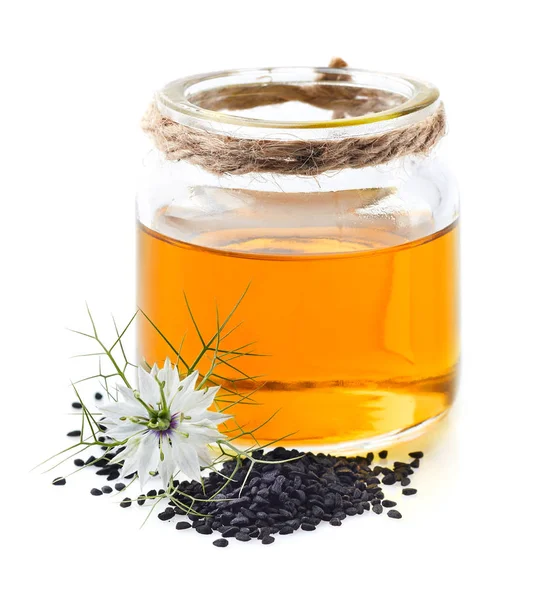 Schwarzkümmelöl Mit Blüte — Stockfoto
