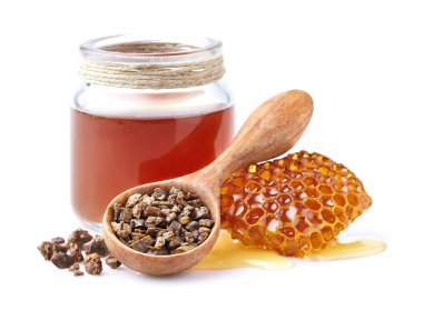 Propolis tincture with honeycomb. Propolis granules. Antiseptic clipart