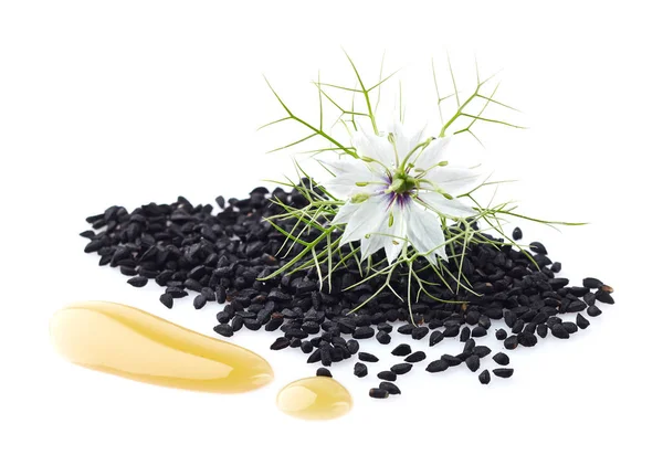 Schwarzkümmelöl Mit Samen Und Blüten — Stockfoto