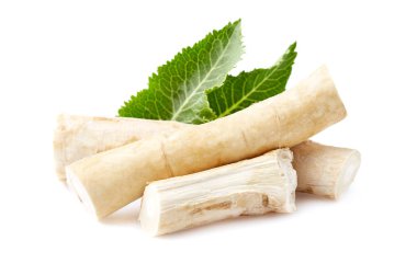 Horseradish root with leaves on white background clipart