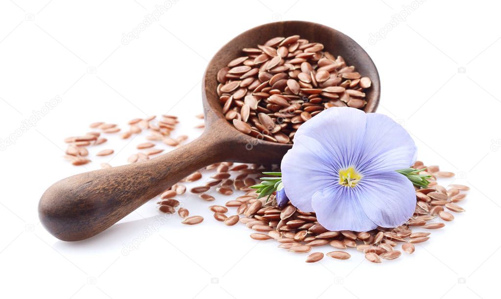 Flax seeds with flower in wooden spoon on white