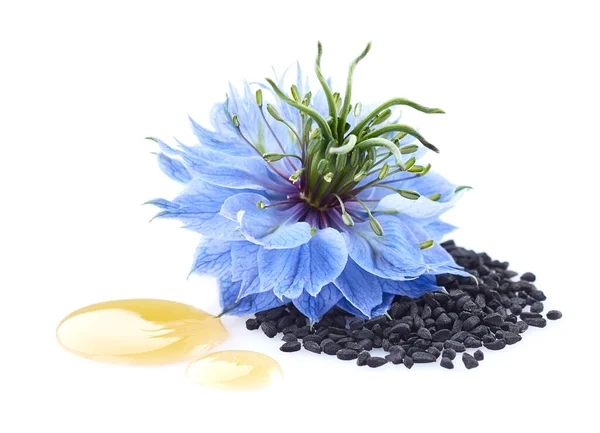 Sementes Cominho Preto Com Flor Nigella Sativa Close — Fotografia de Stock