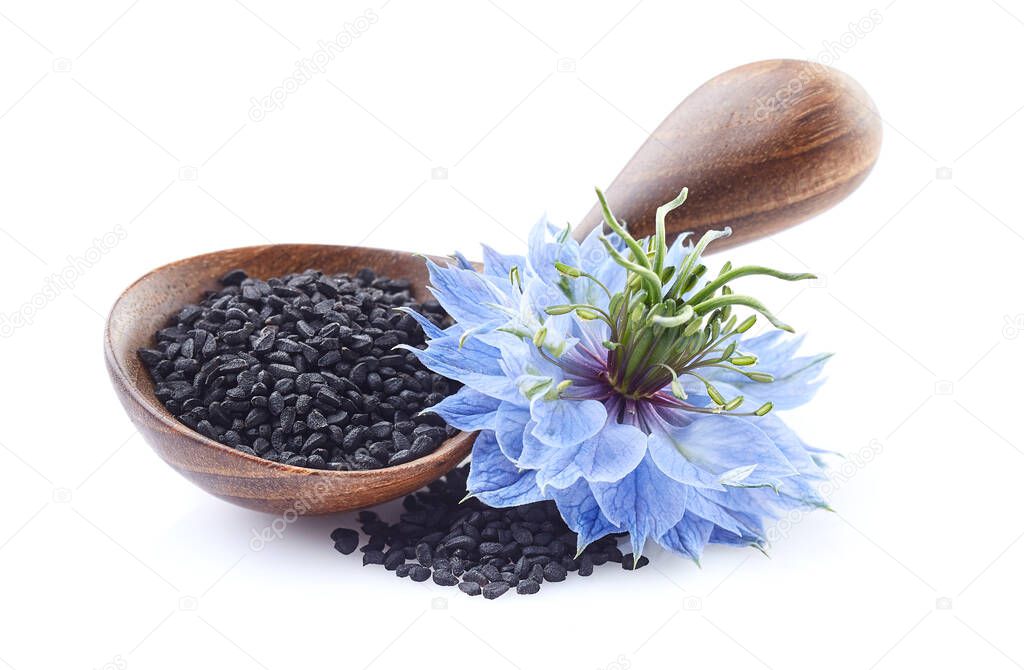 Black cumin seeds with nigella sativa flower on white background