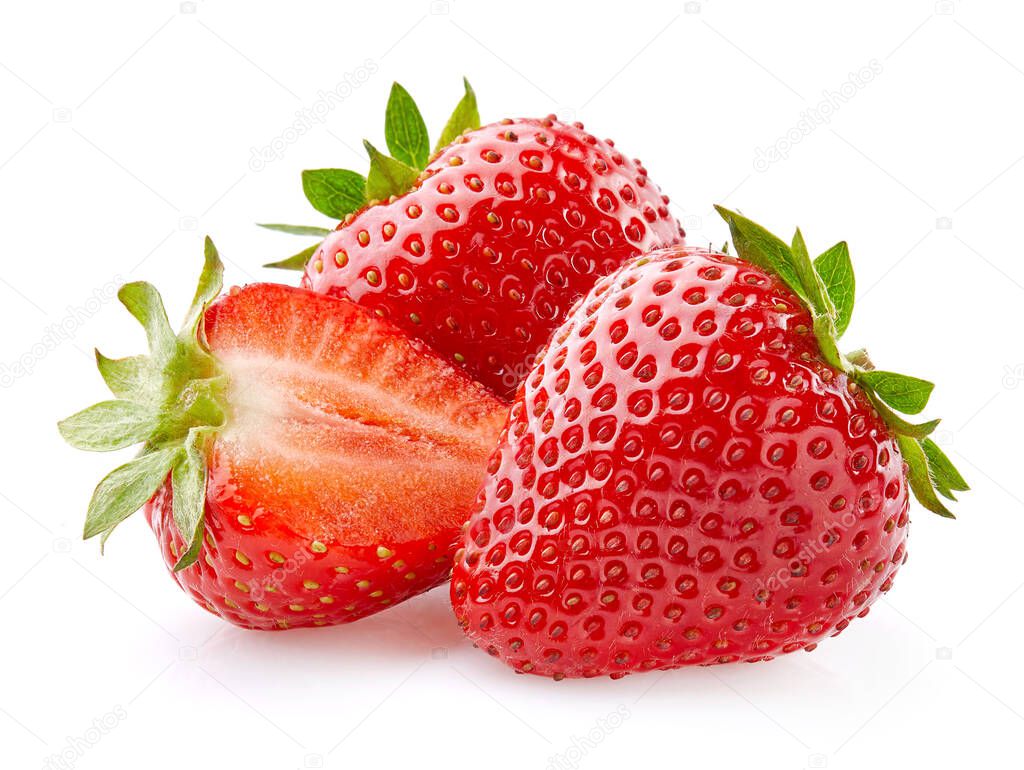 Strawberries in closeup on white background