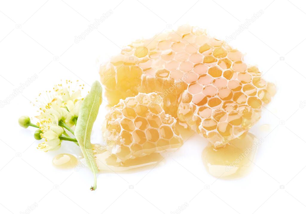 Linden flowers with honeycombs. Linden honey.