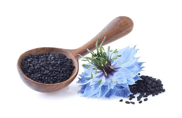 Yakın Planda Sativa Nigella Çiçekli Siyah Kimyon Tohumları — Stok fotoğraf