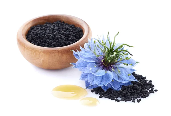 Schwarzkümmelsamen Mit Nigella Sativa Blume Auf Weißem Hintergrund — Stockfoto