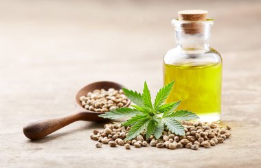 Ahşap arka planda tohumlu kenevir yağı ve kenevir bitkisi