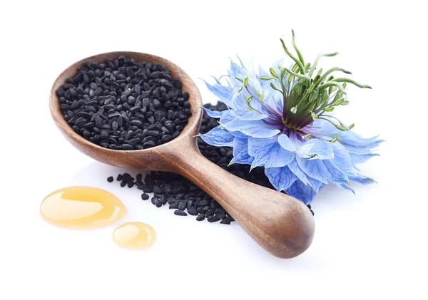 Graines Cumin Noir Avec Fleur Nigella Sativa Sur Fond Blanc — Photo