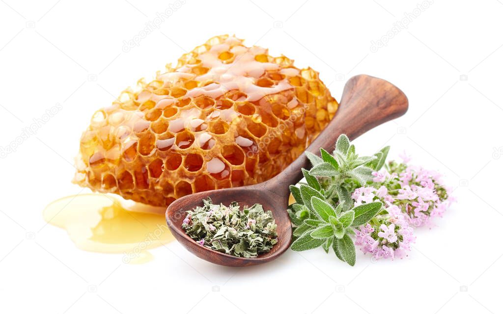 Honeycomb with thyme tea in white background