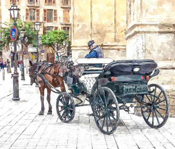 Carriage with one horse for tourists. Digital illustration in watercolor painting style