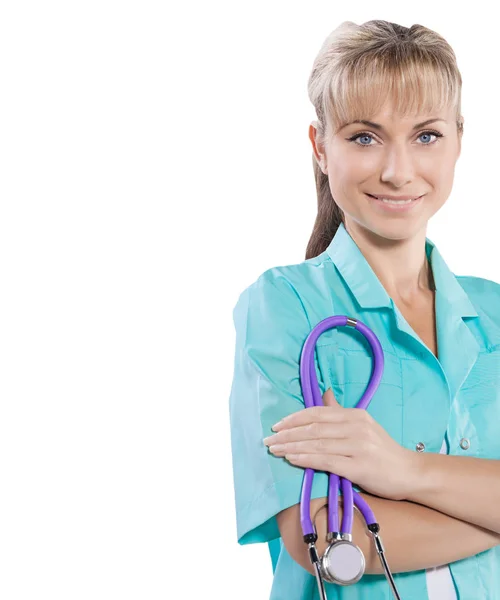 Velmi zblízka pohled usmívající se lékařka drží stetoskop iso — Stock fotografie