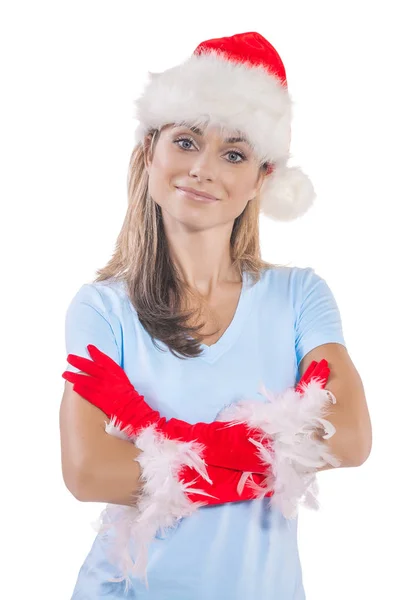 Szép, mosolygós nő karácsonyi visel elszigetelt portré — Stock Fotó