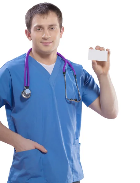 Doctor demonstrating white card isolated white — Stock Photo, Image