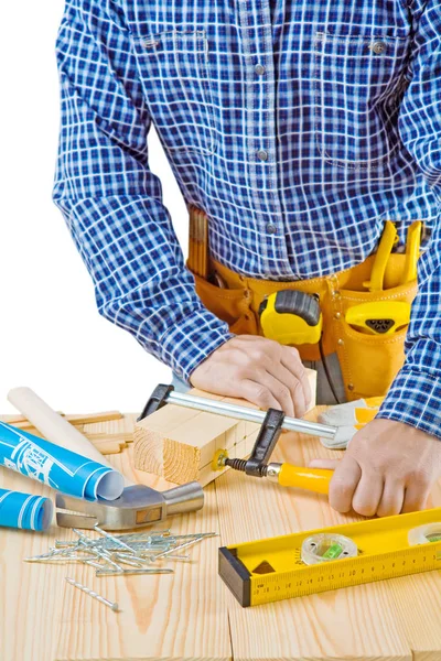 Close up view on the work of carpenter isolated Stock Photo