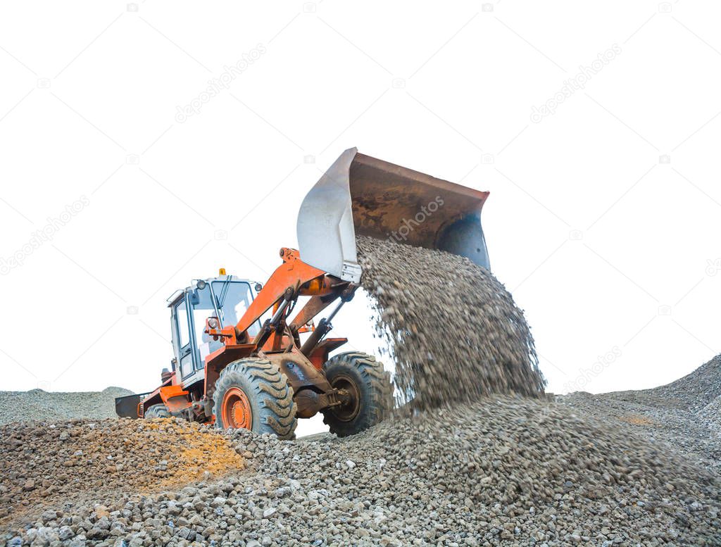 tractor poring gravel isolated white