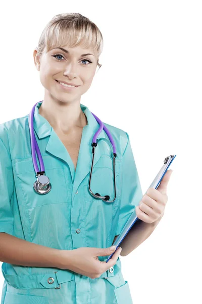 Detailní záběr portrét krásné lékařka drží schránky vzhled — Stock fotografie