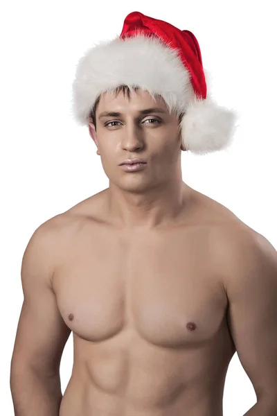 Very close up portrait naked muscular men with santa cap isolate — Stock Photo, Image