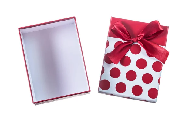 Opened red gift box with ribbon isolated on white — Stock Photo, Image