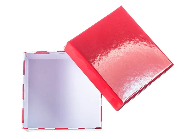Beyaz üstten görünüm üzerinde izole kırmızı el yapımı giftbox açıldı — Stok fotoğraf