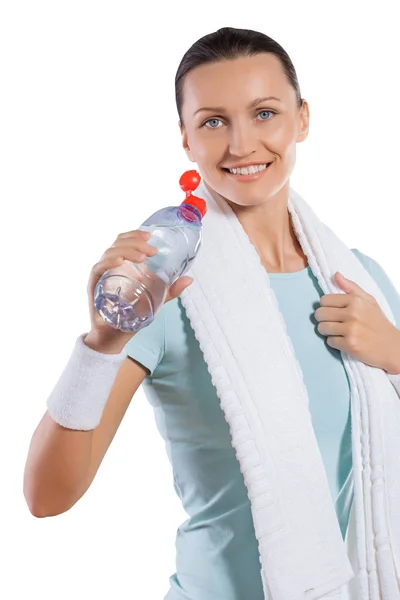 Very close up portrait of sporty female with towel and bottle of — Stock Photo, Image
