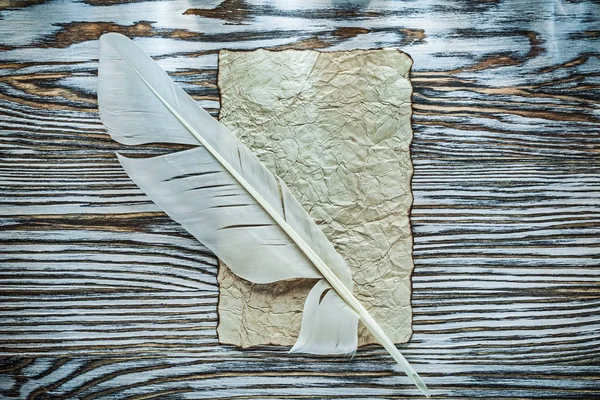 Vintage paper feather on wooden board