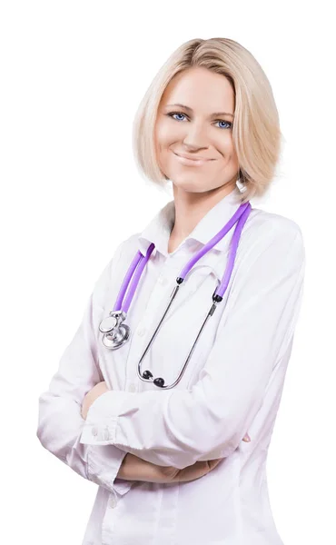 Mooie lachende blonde vrouwelijke arts met gekruiste armen isolaat — Stockfoto