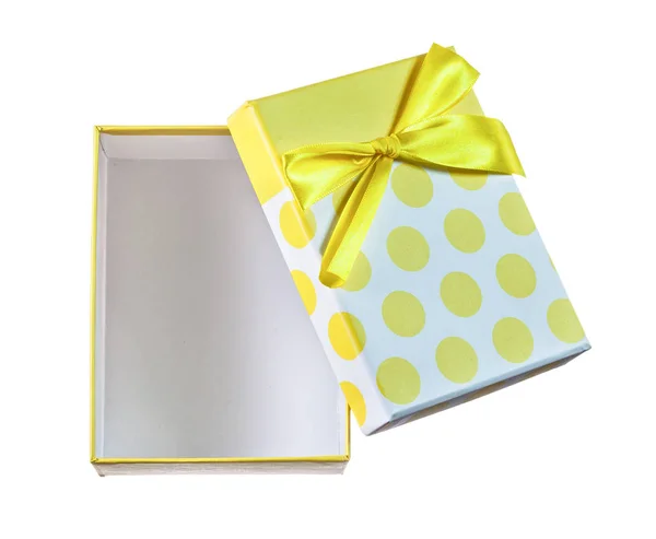 Opened yellow gift box with ribbon isolated on white — Stock Photo, Image