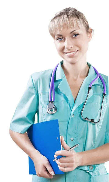 Female doctor holding clipboard looking at camera smiling close — Stock Photo, Image