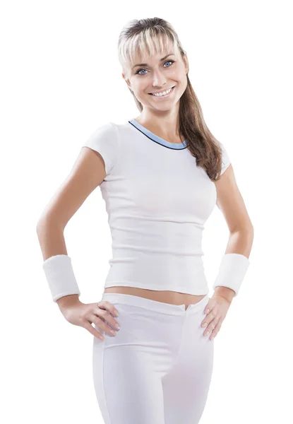 A very beautiful sporty female wearing white sports clothes with — Stock Photo, Image