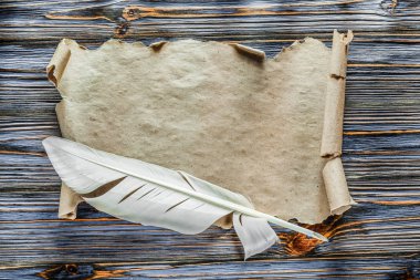 Vintage parşömen tüy mavi ahşap tahta üzerinde