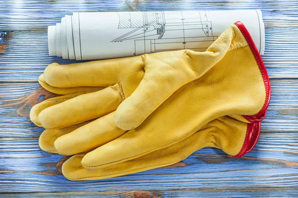 Guantes Seguridad Cuero Planes Construcción Tablero Madera Vintage — Foto de Stock