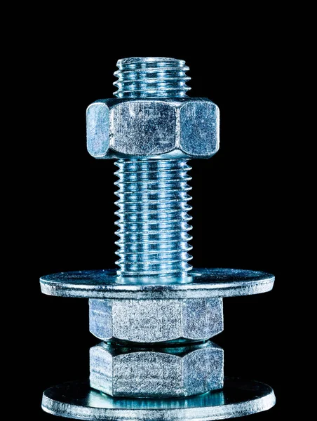 Construction nut screwbolt bolt washer on black background — Stock Photo, Image