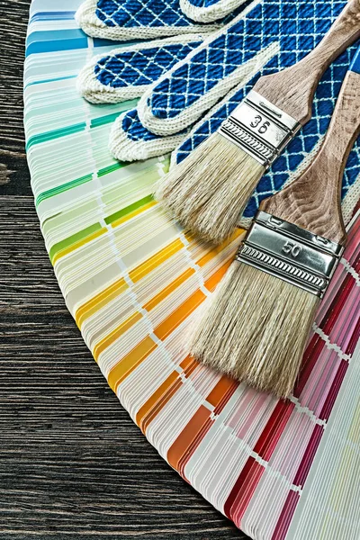 Safety Gloves Paint Brushes Color Palette Wooden Board — Stock Photo, Image