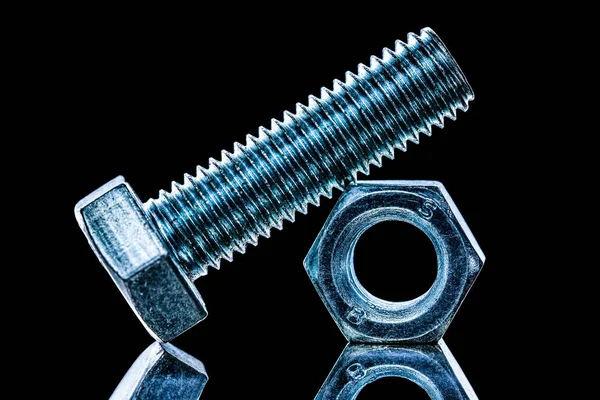 Threaded Construction Nut Bolt Black Background — Stock Photo, Image