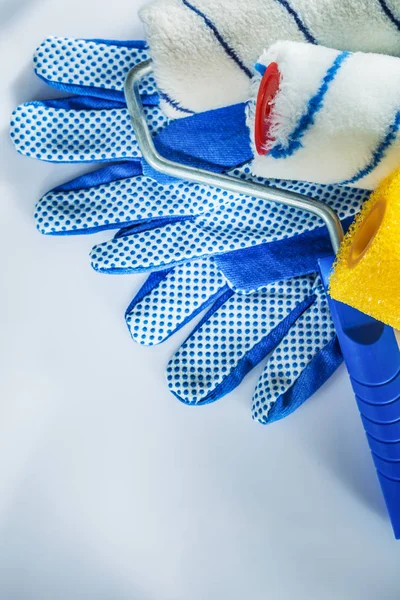 Set Safety Gloves Paint Rollers White Background — Stock Photo, Image