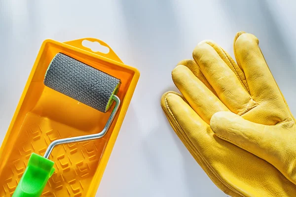 Yellow Safety Gloves Paint Tray Roller White Surface — Stock Photo, Image