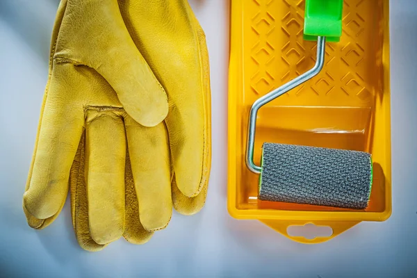 Leather Protective Gloves Paint Tray Roller White Background — Stock Photo, Image