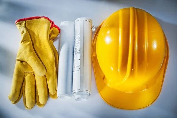 Construction Drawings Building Helmet Protective Gloves White Background — Stock Photo, Image