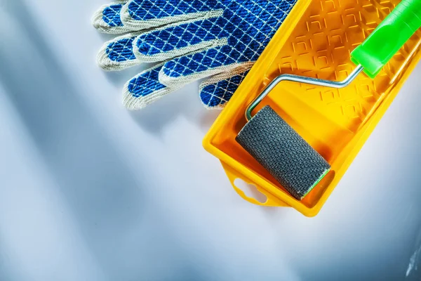 Pair Protective Gloves Paint Tray Roller White Background — Stock Photo, Image