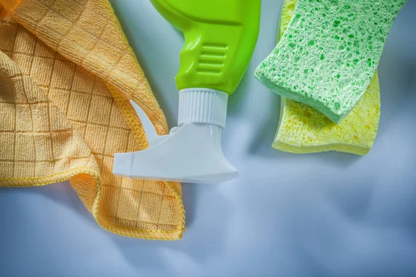 Plastic Sprayer Washing Sponge Cloth White Surface — Stock Photo, Image
