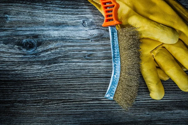 Gants Sécurité Brosse Fil Main Sur Planche Bois Vintage — Photo