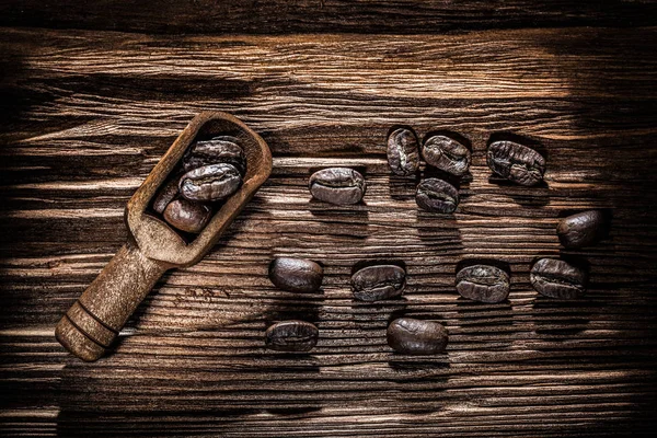 Semena Pražená Káva Lopatka Vinobraní Dřevěné Desce — Stock fotografie